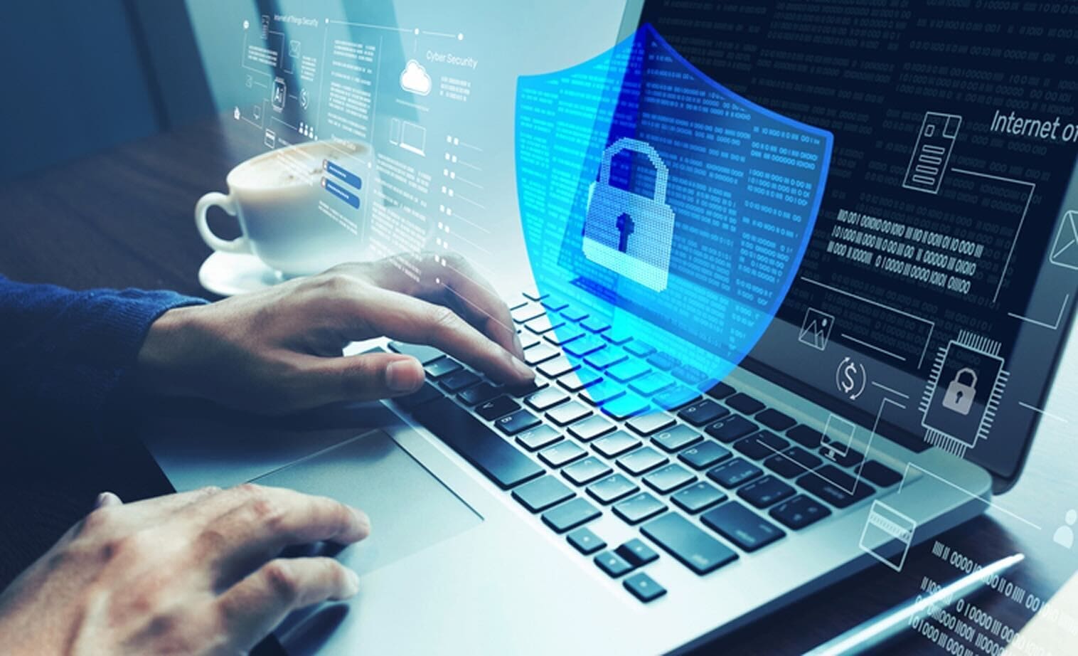 Cybersecurity interface on a laptop illustrating identity-centric print security, enterprise threat modeling, and secure release to reduce print risk across the print lifecycle.