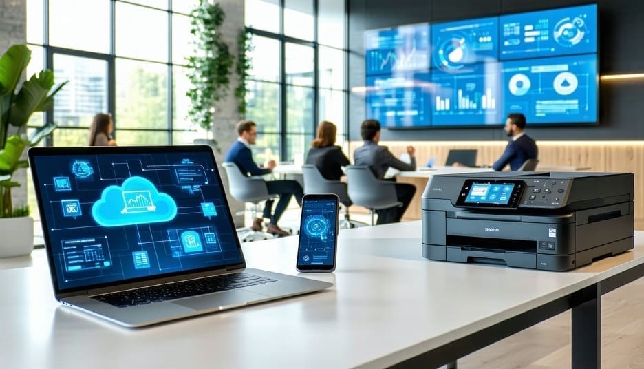 Modern office workspace featuring a laptop, smartphone, and multifunction printer.