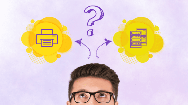 Person contemplating between direct print and printing through servers to manage a fleet of printers