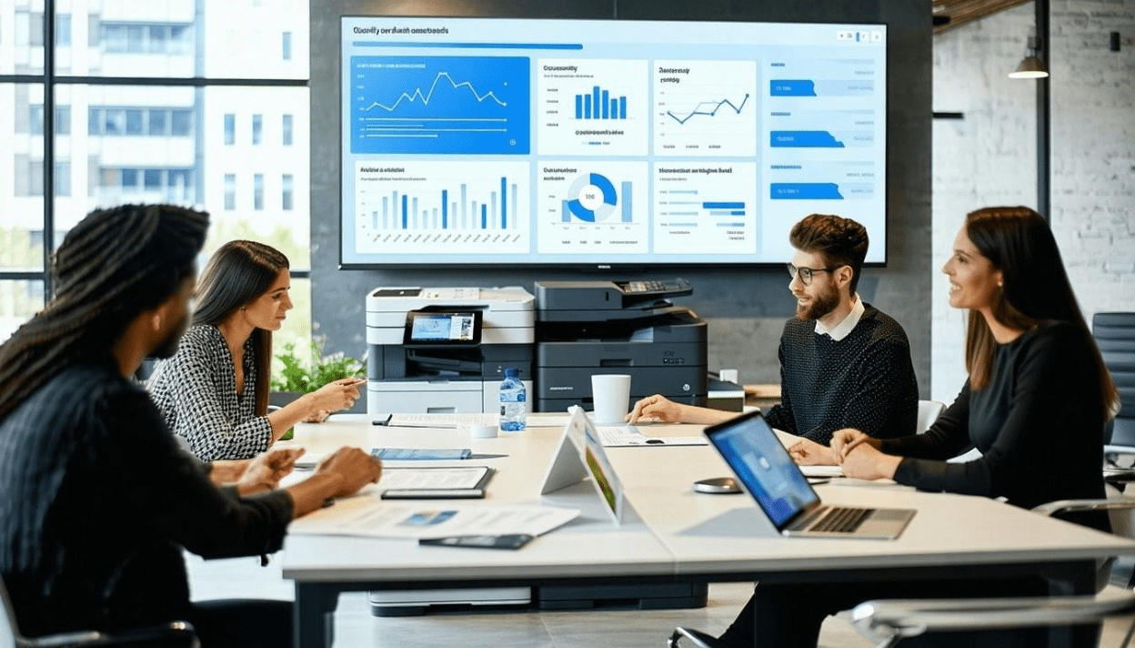 A team meeting in a conference room with laptops and printed reports